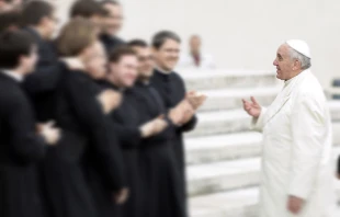 Pope Francis greets the pilgrims during his weekly general audience in St Peter's square at the Vatican on Feb. 26, 2014?.   Ggiulio Napolitano.
