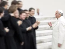 Pope Francis greets pilgrims during the General Audience on Feb. 26, 2014. 