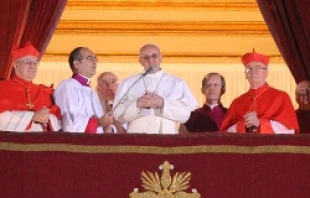 Pope Francis greets the pilgrims in St. Peter's Square on March 13, 2013, the night of his election.   Mauricio Artieda/CNA.