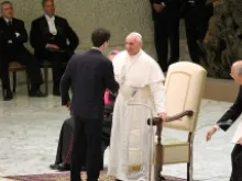 Pope Francis greets the young man who asked for advice on dealing with doubts at the June 7, 2013 meeting. 
