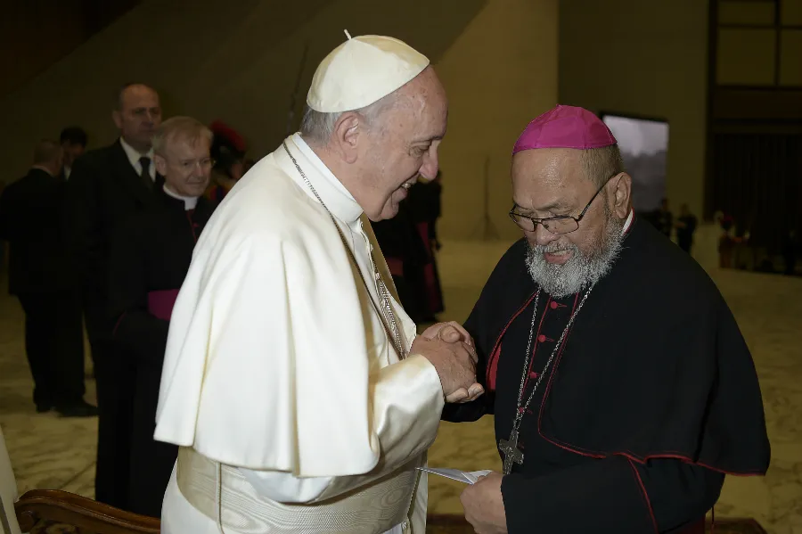 Pope Francis greets the then-Archbishop of Agana, Anthony Apuron, at the Vatican Feb. 7, 2018. ?w=200&h=150