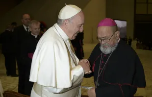 Pope Francis greets the then-Archbishop of Agana, Anthony Apuron, at the Vatican Feb. 7, 2018.   Vatican Media.