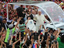 Pope Francis greets youth pilgrims at Santo Tomas University in Manila on Jan. 18, 2015. 
