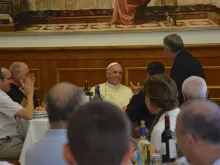Pope Francis has dinner with Jesuits on the feast of St. Ignatius of Loyola July 31, 2014. Photo courtesy of the Jesuit General Curia.