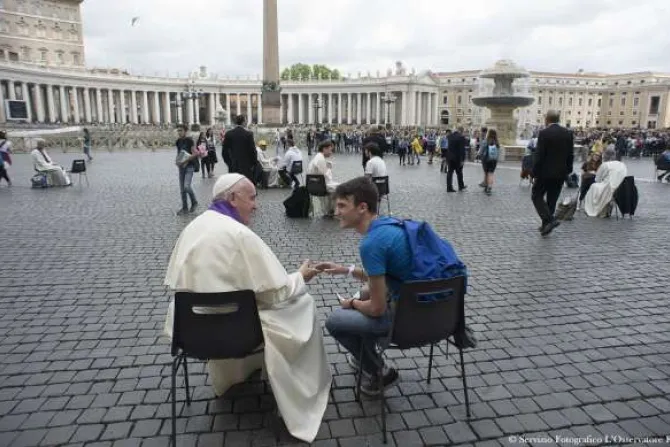 Pope Francis hears confessions of teenagers in St Peters Square Credit LOsservatore Romano CNA
