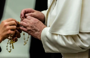 Pope Francis holds a rosary during a general audience Aug. 7, 2019.   Daniel Ibanez/CNA.