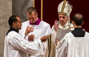 Pope Francis imparts a blessing during the celebration of Vespers for the feast of St Therese of Lisieux in the Vatican Basilica, Oct. 1, 2019.   Daniel Ibáñez/CNA.