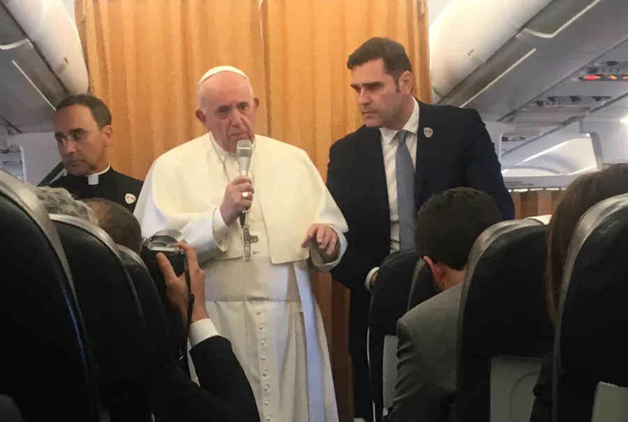 Pope Francis aboard the papal plane en route from Skopje to Rome, May 7, 2019. ?w=200&h=150