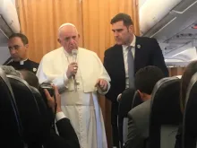 Pope Francis aboard the papal plane en route from Skopje to Rome, May 7, 2019. 