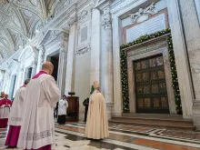 Pope Francis before the Holy Door of St. Peter's Basilica during the convocation of the Jubilee of Mercy, April 11, 2015. 