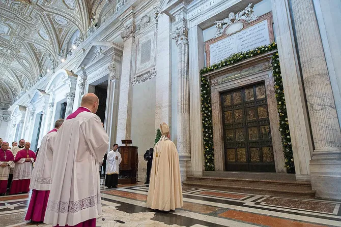 Pope Francis in front of the Holy Door in St Peters Basilica 1 during the covocation of the Year of Mercy on April 11 2015 Credit   LOsservatore Romano CNA 4 11 15