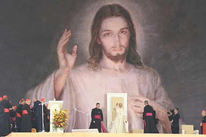 Pope Francis in front of the image of Devine Mercy at World Youth Day in Krakow July 28 2016 Credit Jesus Huerta World Youth Day Krakow 2016 via Flickr CNA 7 28 16