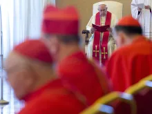 Pope Francis speaks at a consistory for the canonization of several blesseds at the Consistory Hall of the Vatican's Apostolic Palace, June 27, 2015. 