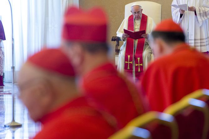 Pope Francis in the Consistory Hall Apostolic Palace at the ordinary consistory for the canonization of various blesseds on June 27 2015 Credit   LOsservatore Romano CNA 6 27 15