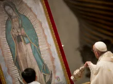 Pope Francis incenses an image of Our Lady of Guadalupe while saying Mass for the feast in St. Peter's Basilica, Dec. 21, 2017. 