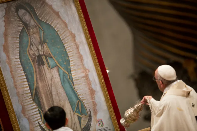 Pope Francis incenses an image of Our Lady of Guadalupe while saying Mass for the feast in St Peters Basilica Dec 21 2017 Credit Daniel Ibez CNA CNA