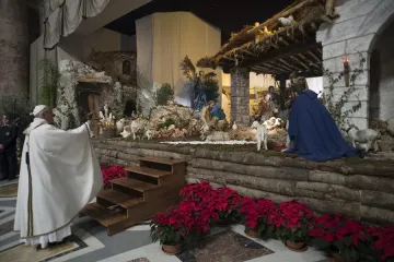 Pope Francis incenses the Nativity Scene in St Peters Basilica Dec 24 2017 Credit Vatican Media CNA