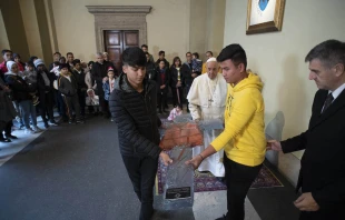 Pope Francis installed inside the Vatican palace a cross with a life jacket molded to it. Dec. 19, 2019.