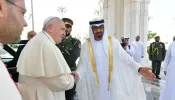Pope Francis is welcomed to the United Arab Emirates by Mohammed bin Zayed Al Nahyan, Crown Prince of Abu Dhabi, at the presidential palace, Feb. 4, 2019.