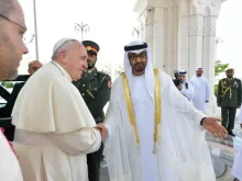 Pope Francis is welcomed to the United Arab Emirates by Mohammed bin Zayed Al Nahyan, Crown Prince of Abu Dhabi, at the presidential palace, Feb. 4, 2019. 