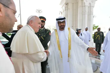 Pope Francis is welcomed to the United Arab Emirates by Mohammed bin Zayed Al Nahyan Crown Prince of Abu Dhabi at the presidential palace Feb 4 2019 Credit Vatican Media