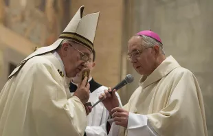 Pope Francis kisses a relic of St. Junipero Serra in Rome, May 2, 2015.   L'Osservatore Romano.
