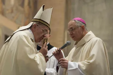 Pope Francis kisses a relic of Bl Junipero Serra presented by Archbishop Jose H Gomez at the NAC Rome on May 2 2015 CreditLOsservatore Romano CNA 5 2 15