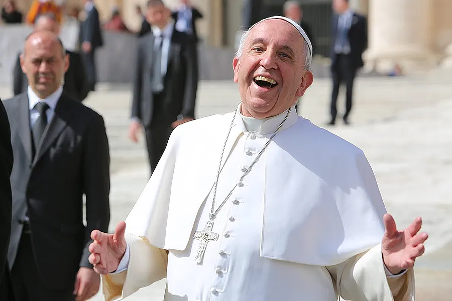 Pope Francis laughs outside St. Peter's Basilica during the April 1, 2015 general audience. ?w=200&h=150