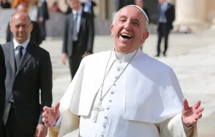 Pope Francis laughing outside of St. Peter's Basilica during the general audience on April 1, 2015.   Bohumil Petrik/CNA.