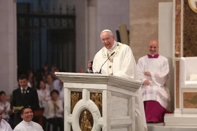 Pope Francis laughs during his Jan. 16 homily at Manila's Our Lady of the Immaculate Conception Cathedral. ?w=200&h=150
