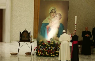 Pope Francis at an Oct. 25, 2014 audience with Schoenstatt movement.   Photo Credit: Daniel Ibáñez/CNA.