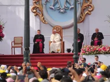 Pope Francis leads prayer at a Marian celebration in Trujillo, Peru Jan. 20, 2018. 
