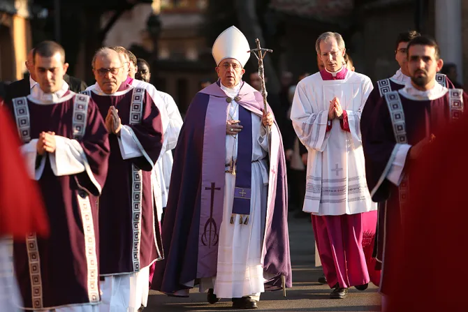 Pope Francis leads the Ash Wednesday papal procession from St Anselm Church to the Basilica of St Sabina 2 in Rome Feb 18 2015 Credit Daniel Ibanez CNA 2 10 161