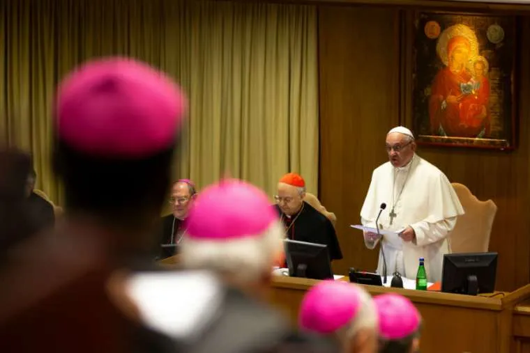 Pope Francis speaks inside the synod hall of the Vatican. ?w=200&h=150