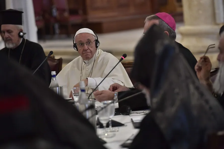 Pope Francis listens to patriarchs during an ecumenical encounter in Bari July 7, 2018. ?w=200&h=150