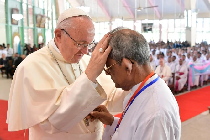 Pope Francis listens to testimonies during a meeting with priests religious and seminarians in Dhaka Bangladesh Dec 2 2017 Credit LOsservatore Romano CNA