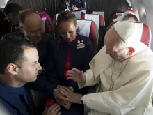 Pope Francis marries flight attendants Paula Podest and Carlos Ciuffardi during his flight from Santiago to Iquique Jan. 18, 2018. 