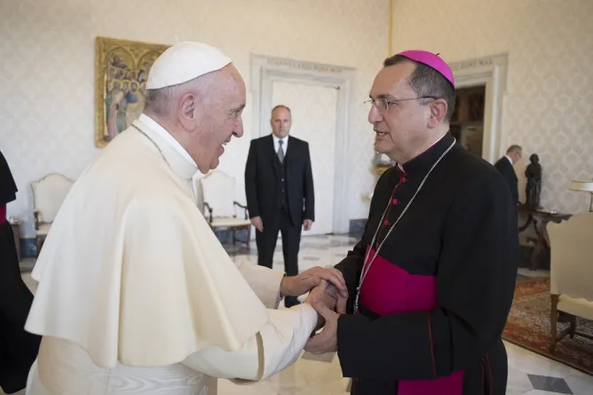 Pope Francis meets Bishop Juan Pineda during an ad limina visit Sept 4 2017 Credit Vatican Media CNA