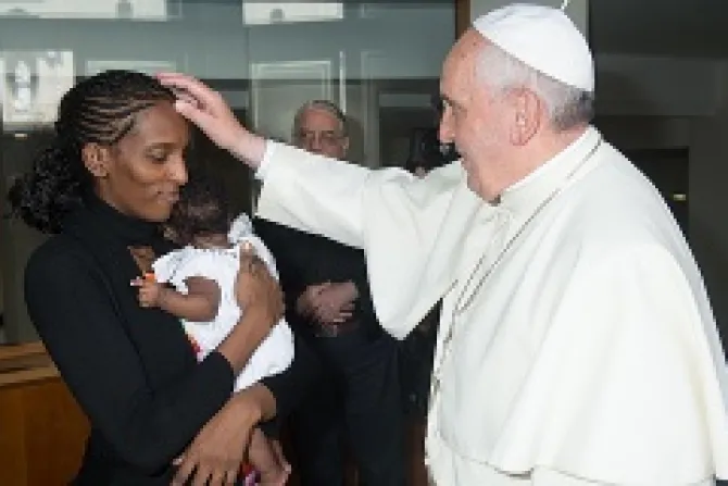 Pope Francis meets Meriam Ibrahim and her child Maya at the Vaticans Santa Marta residence July 24 2014 Credit ANSA Osservatore Romano  EDITORIAL USE ONLY  CNA 7 24 14