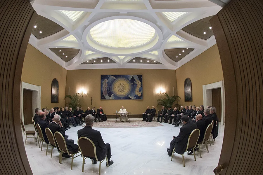 Pope Francis meets with 34 Chilean bishops in Vatican city, May 15, 2018. ?w=200&h=150