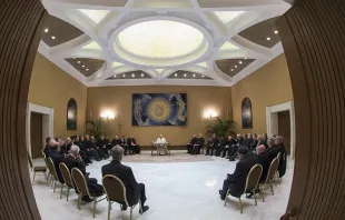 Pope Francis meets with 34 Chilean bishops in Vatican city, May 15, 2018.   Vatican Media