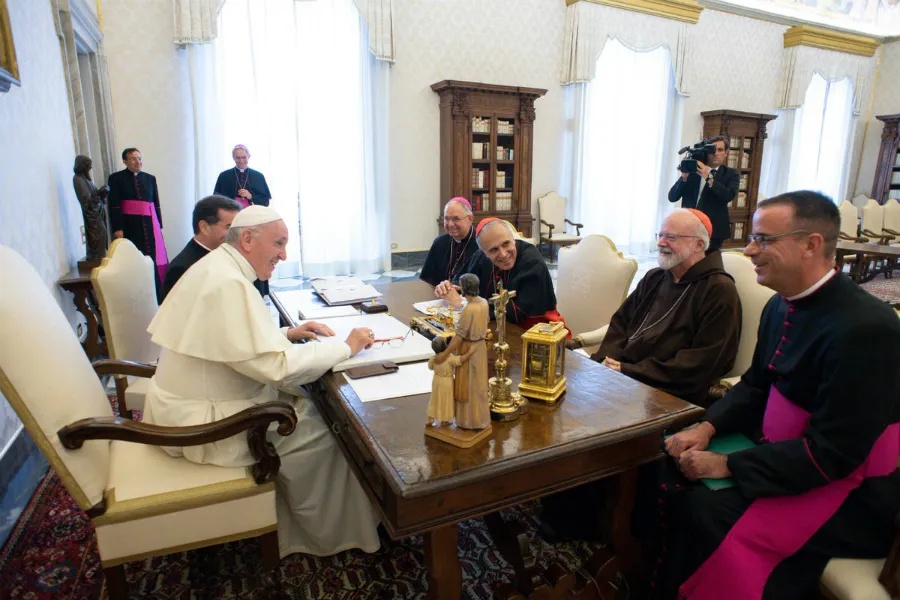 Pope Francis meets with Archbishop Jose Gomez, Cardinal Daniel DiNardo, Cardinal Sean Sean O'Malley, and Msgr Brian Bransfield at the Vatican, Sept. 13, 2018. ?w=200&h=150