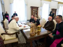 Pope Francis meets with Archbishop Jose Gomez, Cardinal Daniel DiNardo, Cardinal Sean Sean O'Malley, and Msgr Brian Bransfield at the Vatican, Sept. 13, 2018. 