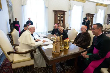 Pope Francis meets with Archbishop Jose Gomez Cardinal Daniel DiNardo Cardinal Sean OMalley and Msgr Brian Bransfield at the Vatican Sept 13 2018 Credit Vatican Media CNA