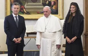 Pope Francis meets at the Vatican with Argentine president Mauricio Macri and his wife Juliana Awada, the first beneficiaries of the new protocol, Feb. 27, 2016.   L'Osservatore Romano.