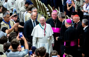 Pope Francis meets with European scouts during Euromoot Aug. 3, 2019.   Daniel Ibanez/CNA.