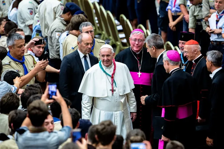Pope Francis meets with European scouts during Euromoot Aug. 3, 2019. Credit: Daniel Ibanez/CNA.