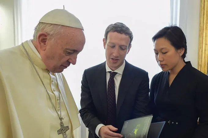 Pope Francis meets with Facebook co-founder and CEO Mark Zuckerber and his wife Priscilla Chan at the Vatican Aug. 29, 2016. ?w=200&h=150
