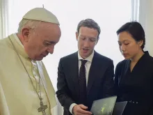 Pope Francis meets with Facebook co-founder and CEO Mark Zuckerber and his wife Priscilla Chan at the Vatican Aug. 29, 2016. 