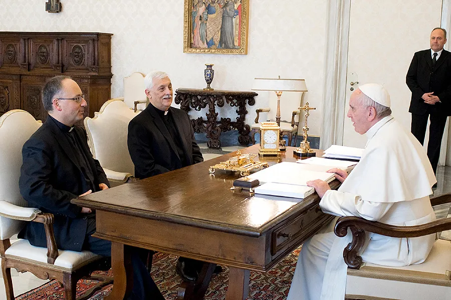 Pope Francis meets with Father Antonio Spadaro, director of La Civilta Cattolica, and Father Arturo Sosa Abascal, General of the Society of Jesus, in Vatican City on Feb. 9, 2017. ?w=200&h=150
